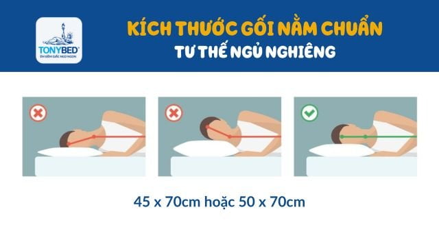 Kích thước gối nằm cho người có thói quen ngủ nghiên là 45 x 70cm