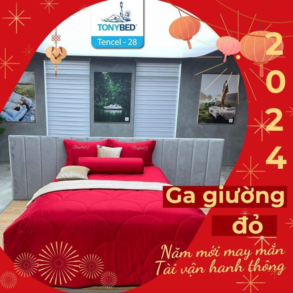 Trang trí tết trong phòng ngủ với chăn ga giường màu đỏ
