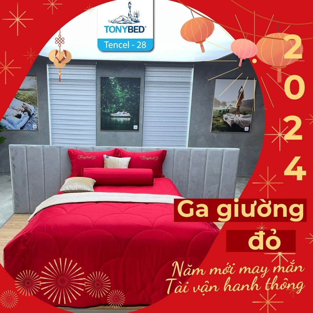 Trang trí tết trong phòng ngủ với chăn ga giường màu đỏ