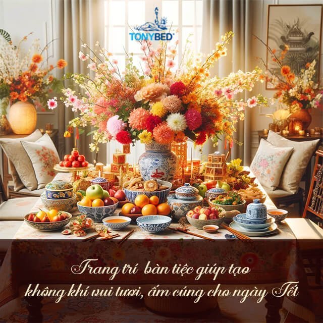 Sử dụng hoa tươi, quà tết, bia, nước ngọt để trang trí tiệc Tết