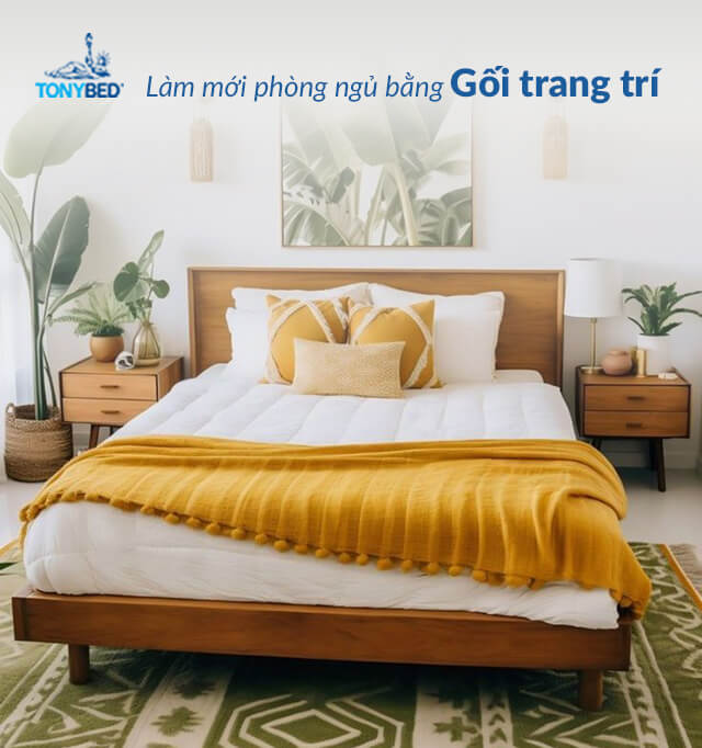 Dùng gối trang trí để làm cho phòng ngủ đẹp và tươi mới hơn