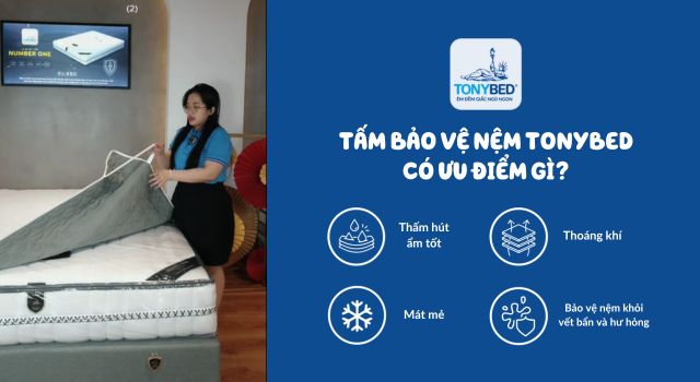Tấm lót nệm Tonybed giúp thấm hút mồ hôi tốt và tránh tình trạng nóng lưng khi nằm